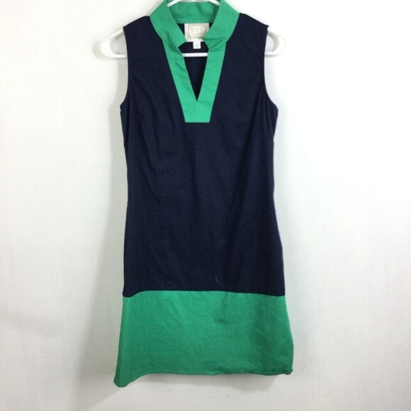 Sail To Sable STS Sleeveless Color Block V-Neck Shift Tunic Dress Navy Kelly XS - Picture 9 of 9